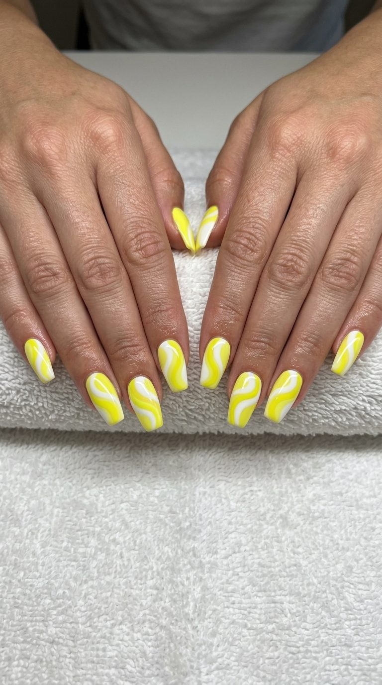 Yellow Summer Nails 2026: Sunshine Swirls Yellow summer nails 2026: Swirled Sunshine Duo for casual brunch & everyday. Playful, cheerful.